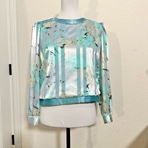 VTG 80s Mavinette Metallic Blouse Sz 8 Aqua Silver Lame Puff Sleeve Disco Glam